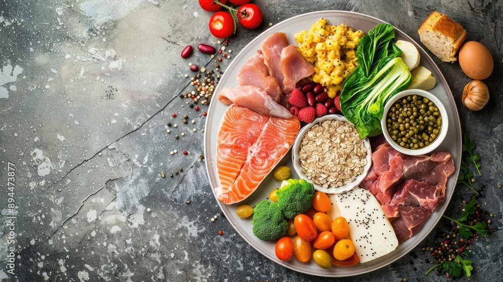 Wall mural balanced plate of food featuring lean proteins, fresh vegetables, and whole grains, promoting a heal