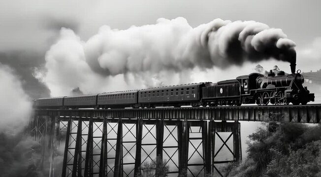 Black and white image of a vintage steam train crossing a high trestle bridge in a foggy, misty landscape.