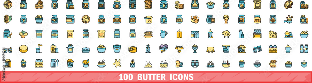 Poster 100 butter icons set. color line set of butter vector icons thin line color flat on white