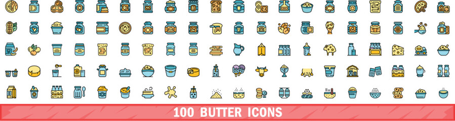 100 butter icons set. Color line set of butter vector icons thin line color flat on white