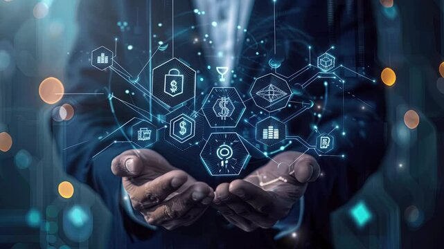 Blockchain cryptocurrency. Global financial market. Blockchain Industrial Strategy. Abstract technology Blockchain. Bitcoin. Binary coded icons. Future of Business. Digital Economy. Creative Economy 