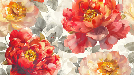 Vintage-inspired watercolor floral pattern featuring blurred peonies in gold and pink-red tones. The seamless design is set against a white background, creating an elegant and timeless look.