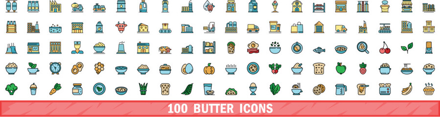 100 butter icons set. Color line set of butter vector icons thin line color flat on white