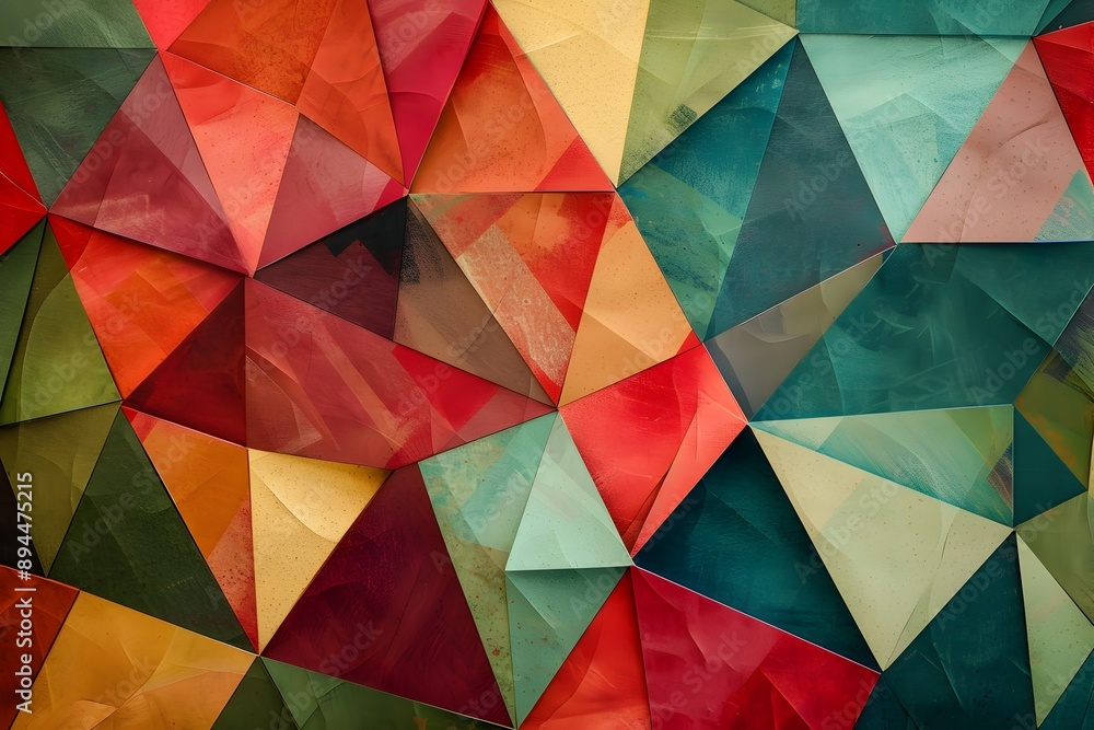 Poster A background of colorful geometric shapes in various shades, creating an abstract and vibrant pattern. The colors range from deep reds to soft greens, with the triangles pointing towards the bottom le