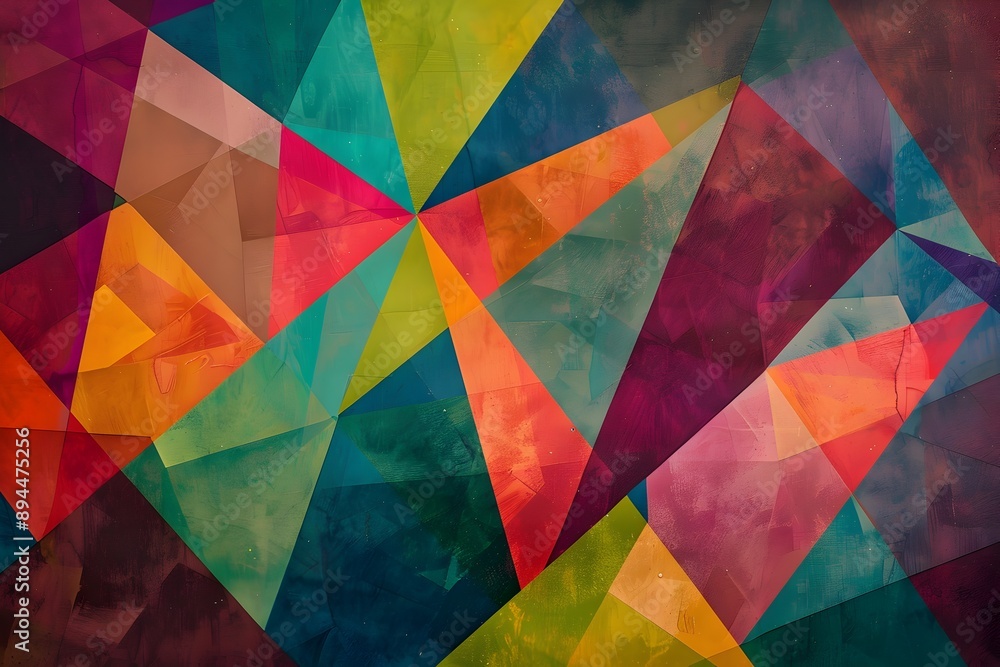 Poster a background of colorful geometric shapes in various shades, creating an abstract and vibrant patter