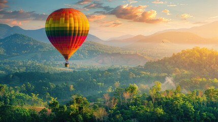 Naklejka premium Hot air balloon in the sky above the forest landscape, place for nature travel