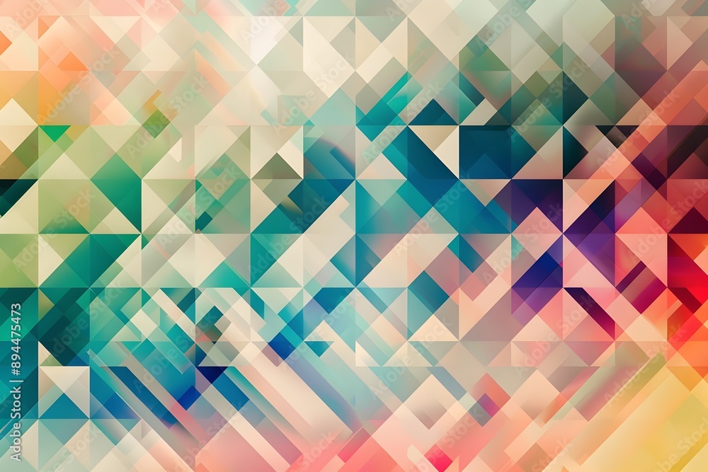 Poster A background of colorful geometric shapes in various shades, creating an abstract and vibrant pattern. The colors range from deep reds to soft greens, with the triangles pointing towards the bottom le