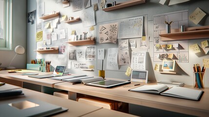 A collaborative design studio with sketchbooks, digital tablets, and a wall filled with creative project timelines and visual inspirations.