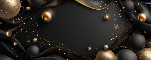 Obraz premium abstract elegance gold black background, gold ribbon and balls with glitter glow, 