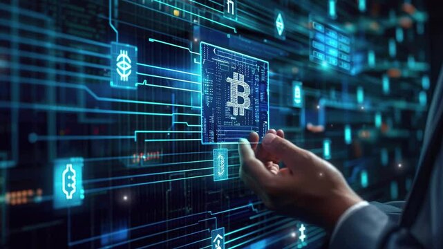 Blockchain cryptocurrency. Global financial market. Blockchain Industrial Strategy. Abstract technology Blockchain. Bitcoin. Binary coded icons. Future of Business. Digital Economy. Creative Economy 