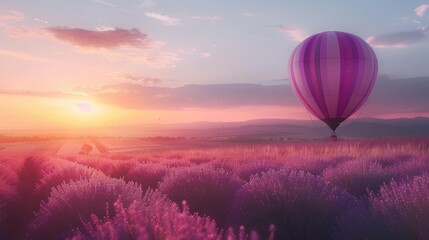 Fototapeta premium Hot air balloon in the sky over a lavender field, place for nature travel