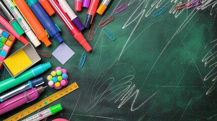 A colorful array of school supplies such as markers, rulers, and sticky notes on a green chalkboard background with ample copy space for text.