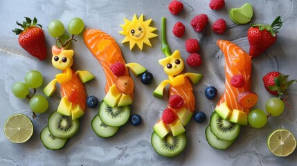Playful food ideas for kids, combining health and fun with colorful and creative arrangements