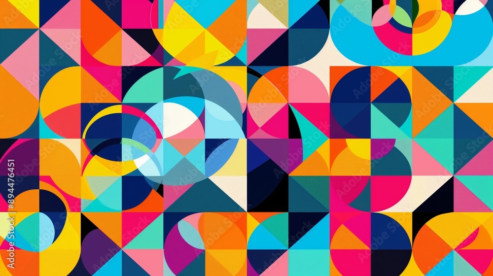 Poster a colorful geometric summer background featuring a pattern of interlocking circles, triangles, and s