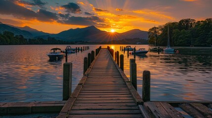 Obraz premium Sunset casting a warm glow over a pier with boats on a peaceful lake