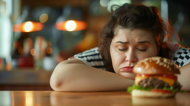 over weight woman sadly looking at burger at restaurant
