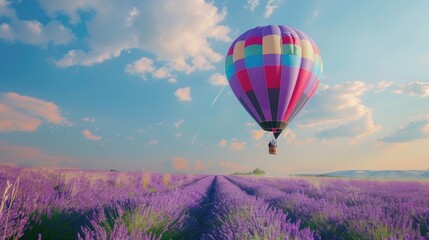 Fototapeta premium Hot air balloon in the sky over a lavender field, place for nature travel