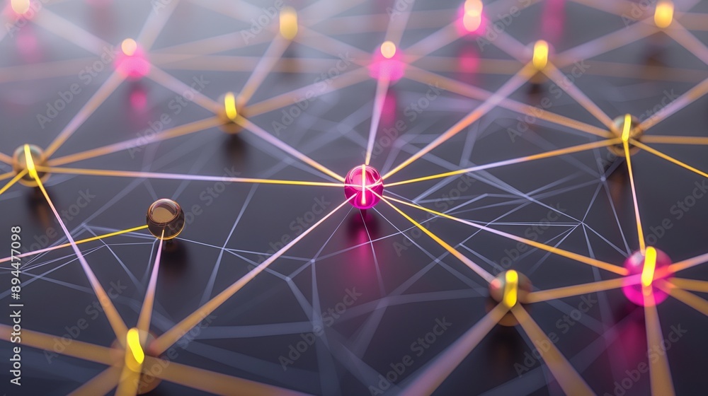 Poster a conceptual illustration of a business network with nodes connected by pulsing lines, highlighting 