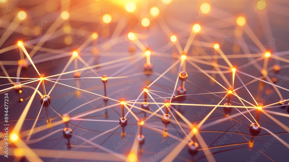 Poster a conceptual illustration of a business network with nodes connected by pulsing lines, highlighting 