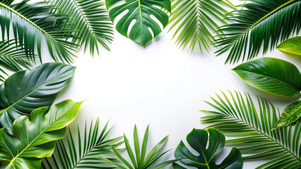 Green tropical leaves around white background.