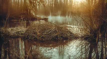 Fototapeta premium Large beaver dam dominating a serene river at sunset