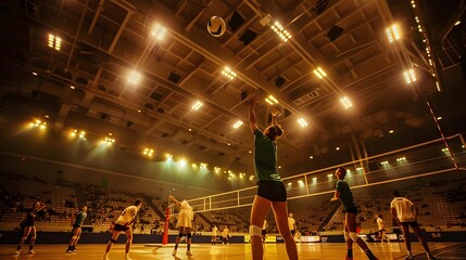 Professional volleyball players in action on the night court.
