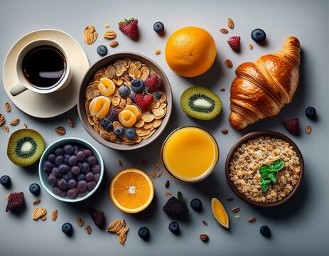 Fr&uuml;hst&uuml;ck, M&uuml;sli, Fr&uuml;chte, Saft, Tasse Kaffee, Croissant