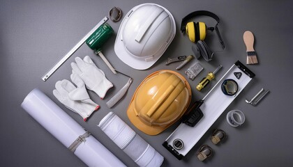 Aerial View of Neatly Arranged Worker Safety Equipment
