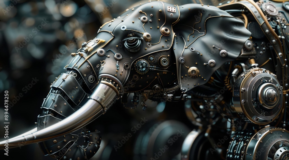 Poster a close-up shot of a steampunk elephant robot's head. the robot is made of metal and leather, and is