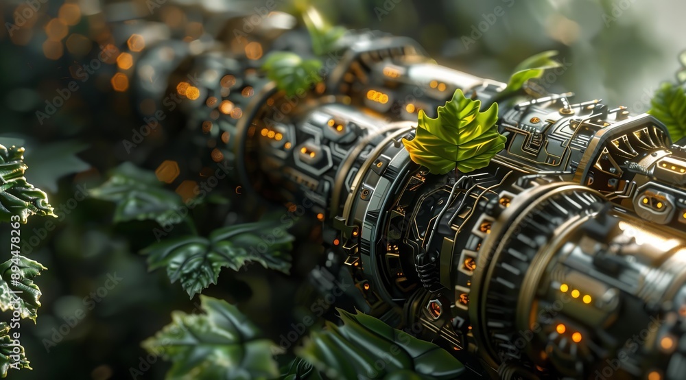 Poster This image depicts a close-up view of a complex, futuristic metallic structure, seemingly interwoven with lush green foliage. The intricate details of the machine, with its glowing lights and intric