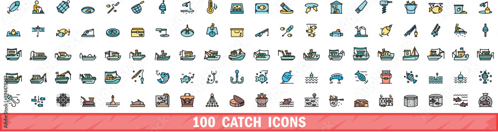 Poster 100 catch icons set. color line set of catch vector icons thin line color flat on white