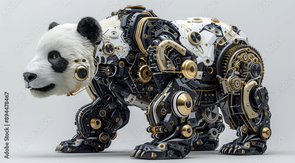 Poster a 3d render of a panda bear made entirely of metal and gears. the panda is standing on a white backg