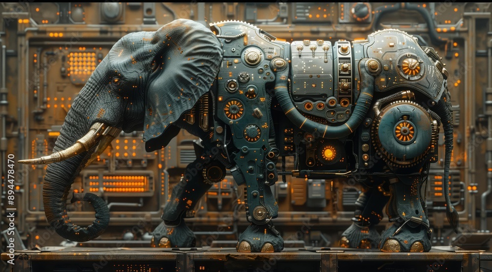 Aufkleber this is a 3d render of a steampunk elephant, showcasing a futuristic and imaginative design. the ele