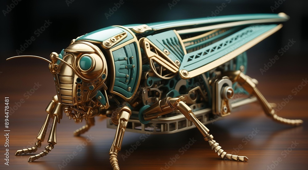 Poster a close-up of a robotic grasshopper made of gold and teal metal. the grasshopper is posed on a woode