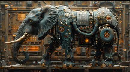 This is a 3D render of a steampunk elephant, showcasing a futuristic and imaginative design. The elephant's body is adorned with intricate gears, pipes, and other mechanical elements, creating a str