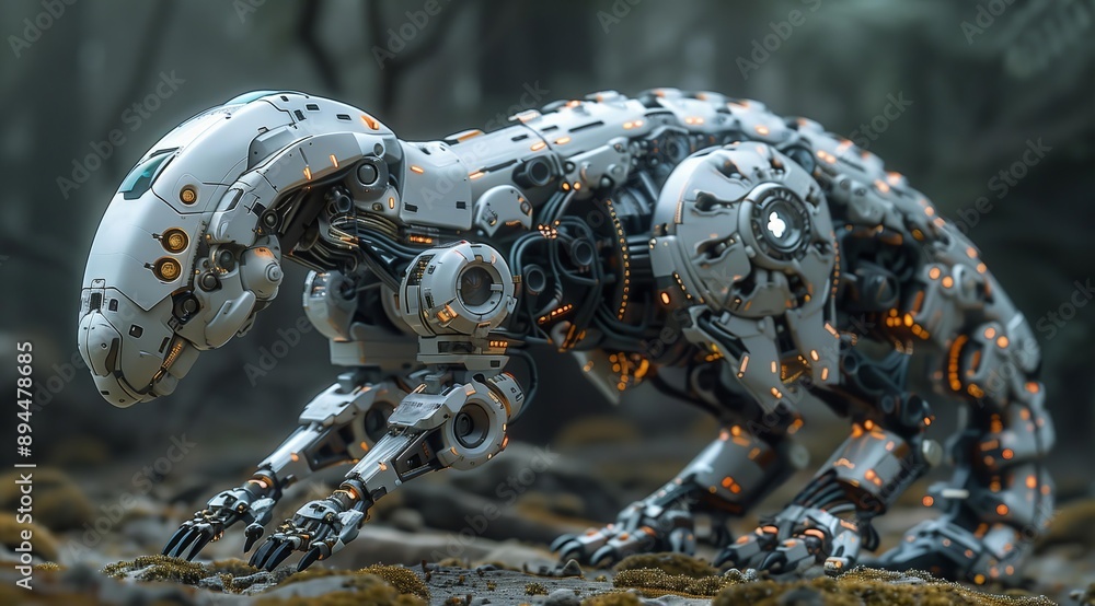 Poster A sleek, white robotic beast with glowing orange lights stands in a forest setting. Its intricate mechanical design and powerful presence create a sense of wonder and futuristic possibility. The rob