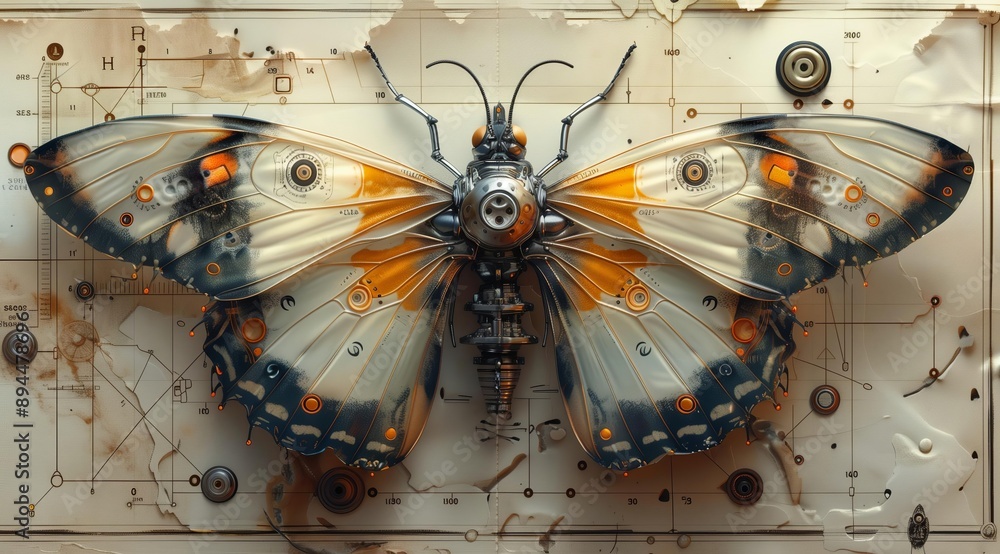 Poster a stunning, digitally rendered image of a steampunk butterfly with intricate metallic wings and a me