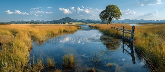 Obraz premium Serene Landscape with a Winding Waterway and a Solitary Tree