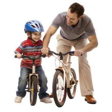 Father helping son ride a bicycle, teaching and supporting