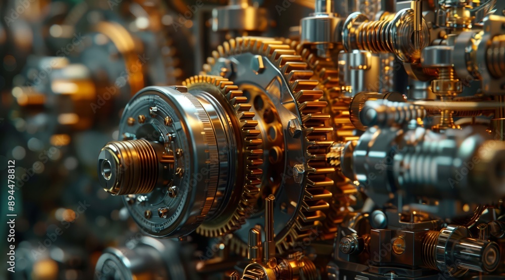 Poster a close-up shot of complex metallic machine gears, highlighting intricate details and mechanical pre