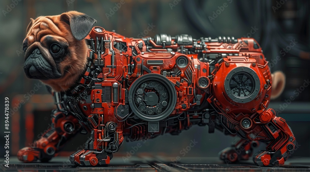 Poster a photorealistic rendering of a pug dog transformed into a cyborg, with intricate mechanical details