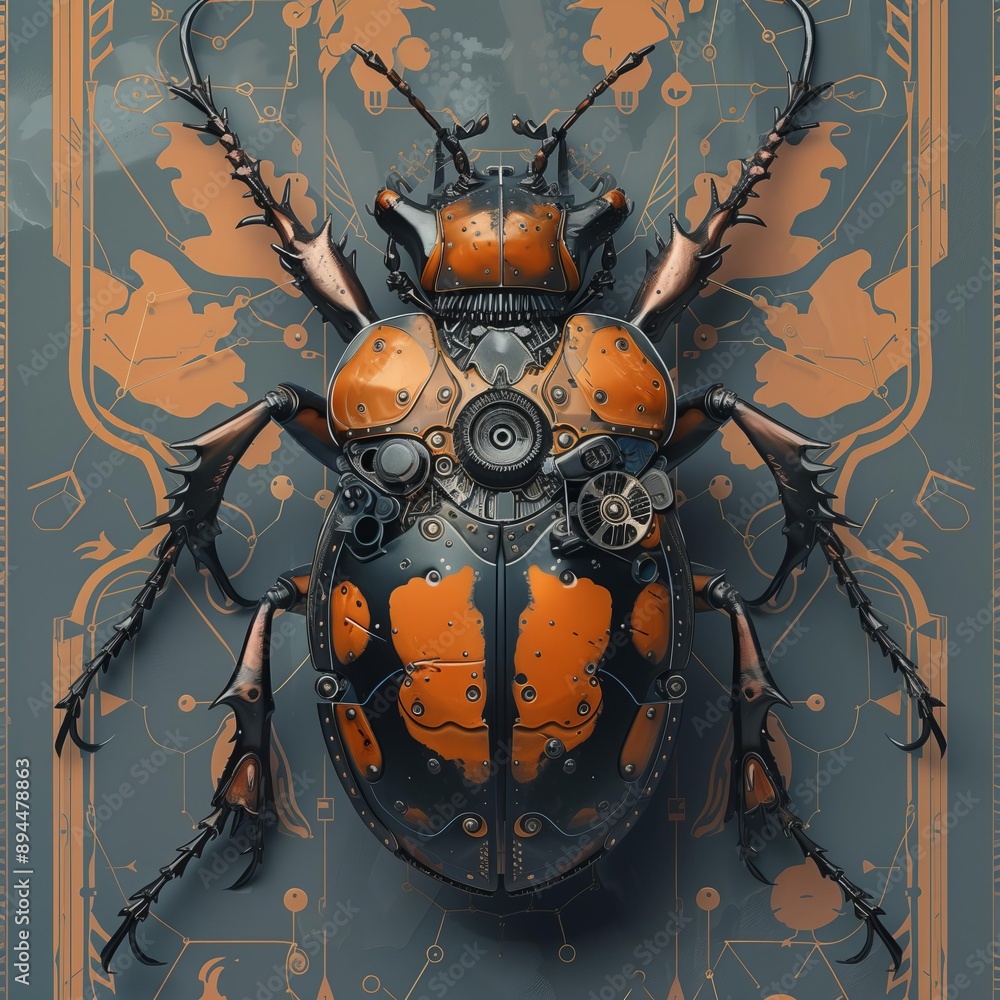 Poster a detailed digital illustration of a steampunk-style mechanical beetle. the beetle is composed of in