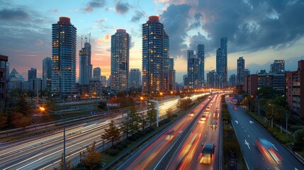 Obraz premium A city skyline at dusk with illuminated buildings and traffic trails, a mix of modern and historic architecture