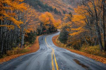 Fototapeta premium Golden hues of New Englands fall foliage frame a winding road creating a vibrant backdrop for a September exploration journey