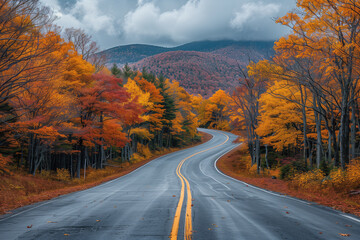 Naklejka premium Golden hues of New Englands fall foliage frame a winding road creating a vibrant backdrop for a September exploration journey