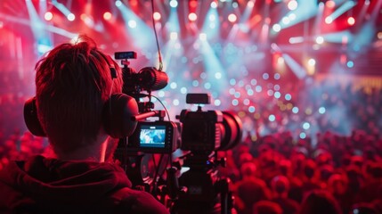 A cameraman films the crowd at a concert, standing among the audience with a professional camera and headphones.