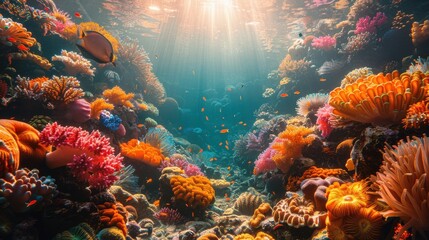 An underwater scene with colorful coral reefs and diverse marine life, sunlight filtering through the water