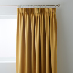 Fototapeta premium Heavy fabric curtains in modern bedroom, white walls and wooden furniture, miminal interior design