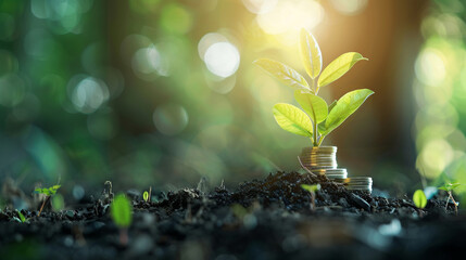 Money coin stack growing graph investment with blurred background, bitcoin, business finance, a sacs full of coin