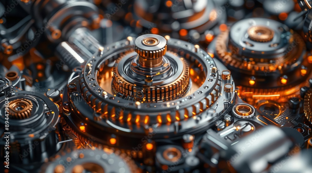 Poster a close-up shot of intricate machine gears, showcasing the complex engineering and design of industr